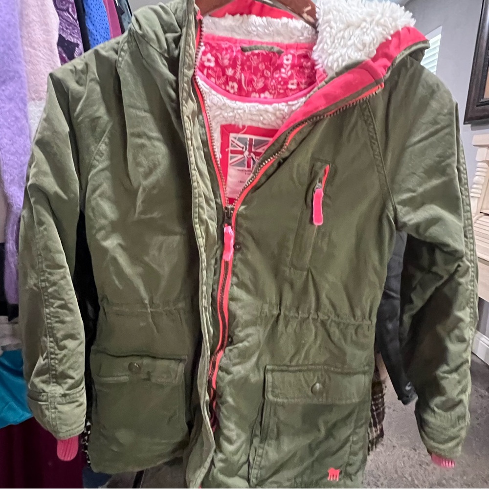 Kids Olive Green Hooded Jacket with Pink Accents
